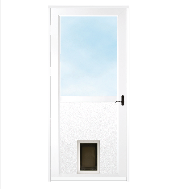 White storm door with dark hardware and a pet door.