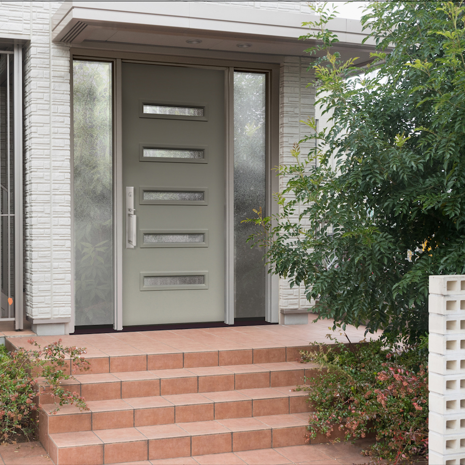 Modern door with narrow horizontal glass panels.