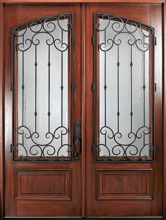 Elegant and decorative front doors with iron hardware and privacy glass.