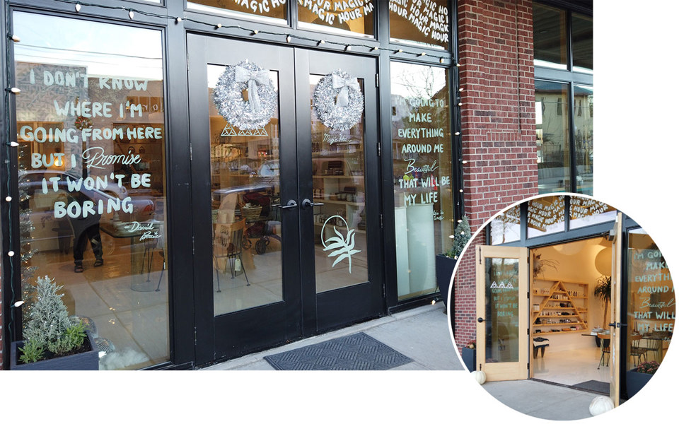 Magic Hour shop in Bishop Arts District with clad pine wood door.
