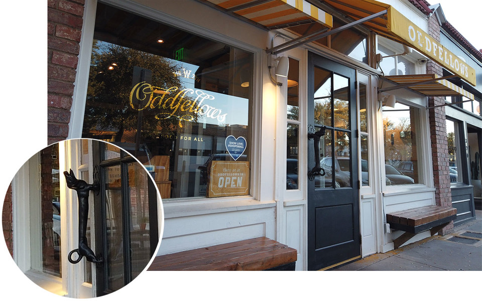 Dog door handle on Oddfellows' entry door in Bishop Arts District.