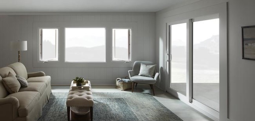 Two-panel white sliding patio doors from Pella.