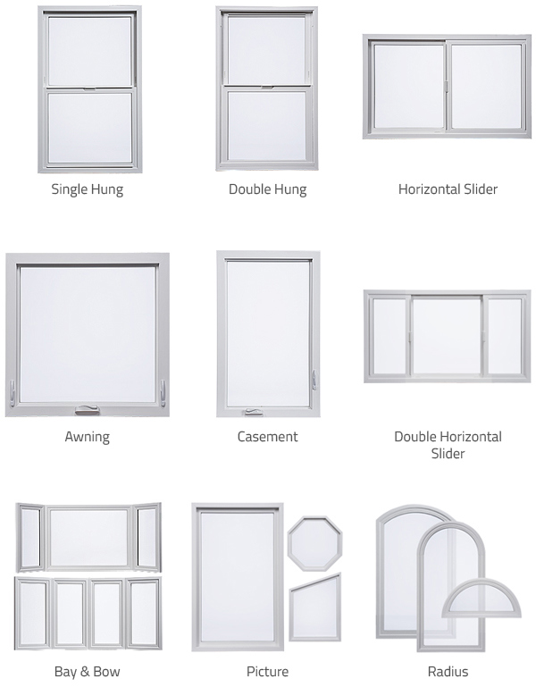 Single Hung, Double Hung, Horizontal Slider, Double Horizontal Slider, Casement, Awning, Picture, Radius, Bay & Bow