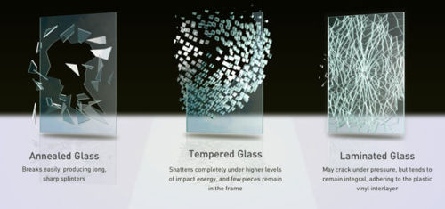 Example of broken annealed glass, tempered glass, and laminated glass