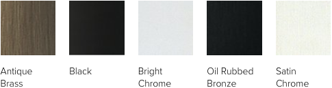 Example of finishes for Andersen's E-Series Double-Hung windows: Antique Brass, Black, Bright Chrome, Oil Rubbed Bronze, Satin Chrome.