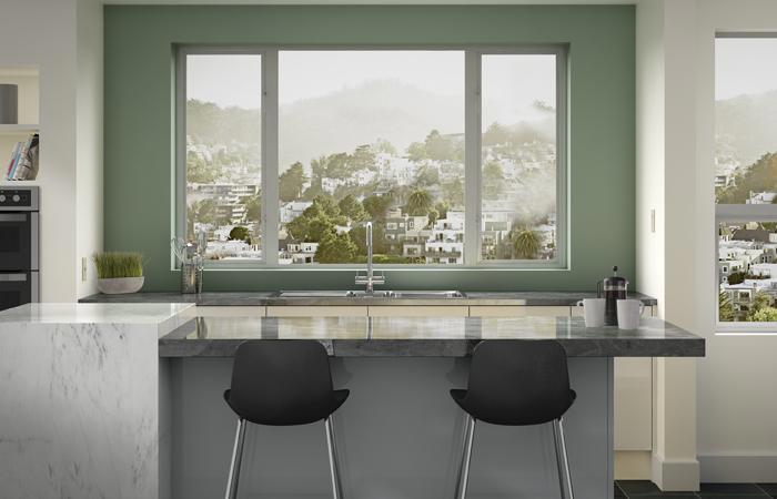 Photo of Milgard's aluminum series windows in a high-end kitchen.