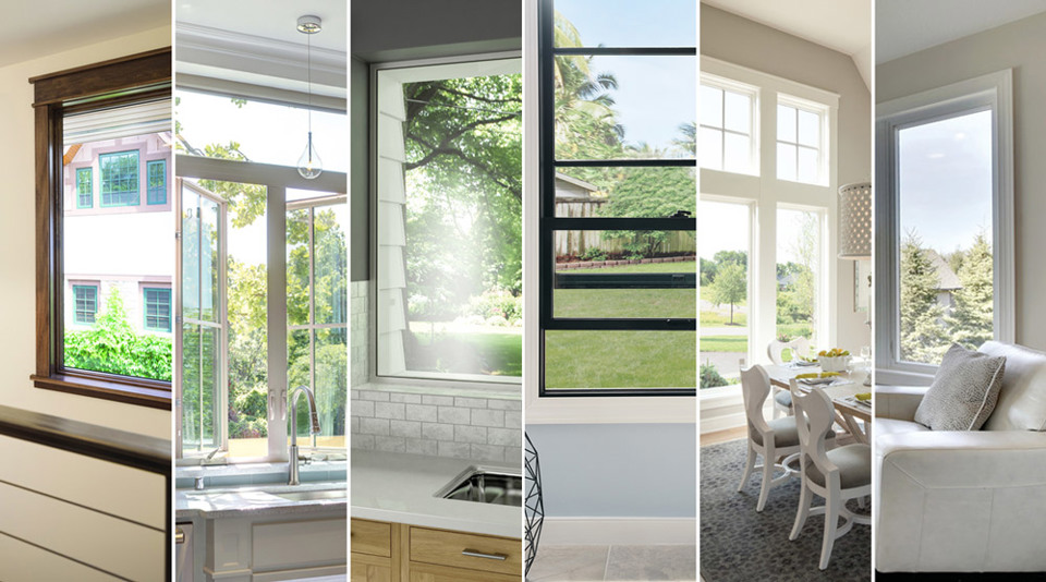 Interior view of windows. Each frame is made of a different material including wood, vinyl, aluminum, and fiberglass.