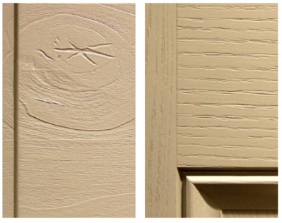 ProVia Signet fiberglass doors in the Knotty Alder or Oak series are made with deep wood grains. Darker colors offer more polished looks for these front doors.