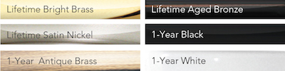ProVia Spectrum mortise hardware finishes: bright brass, satin nickel, antique brass, aged bronze, 1-year black, 1-year white