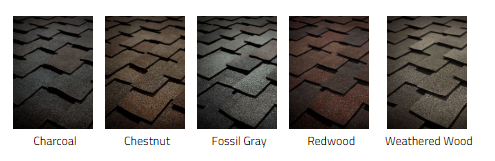 Samples of Tamko asphalt shingle colors.