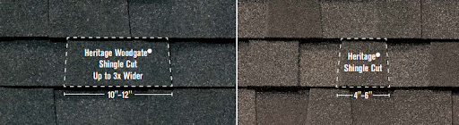 Side by side comparison of Tamko Heritage and Heritage Woodgate shingles displaying width difference.