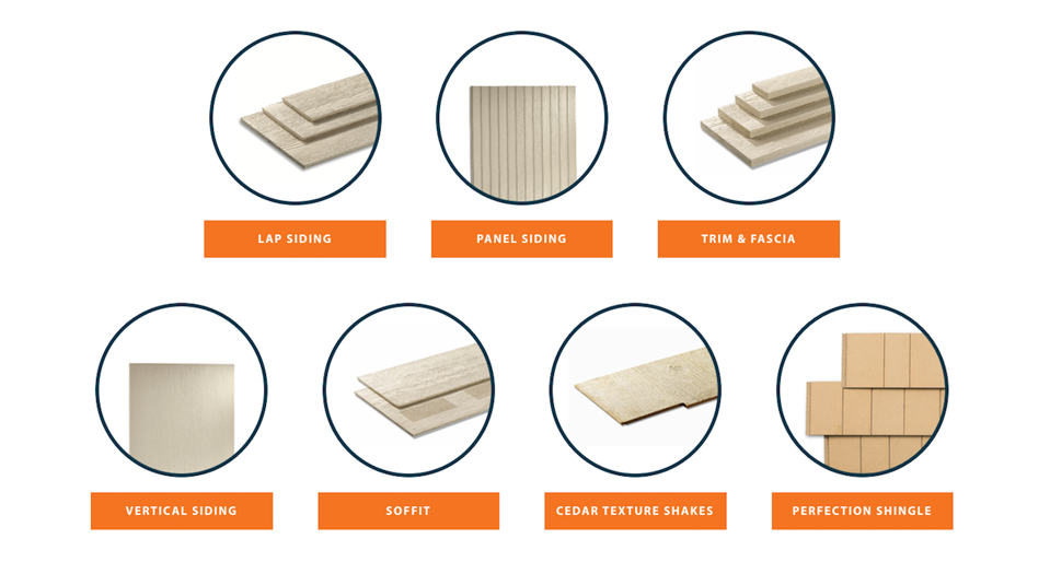 LP SmartSide Products: (top) lap siding, panel siding, trim & fascia, (bottom) vertical siding, soffit, cedar texture shingles, perfection shingle