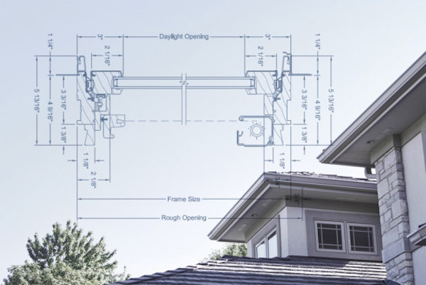 photo of top of house with small windows with prairie grids and an overlay of a window frame diagram