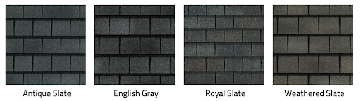 Four GAF Slateline asphalt shingles in different colors.