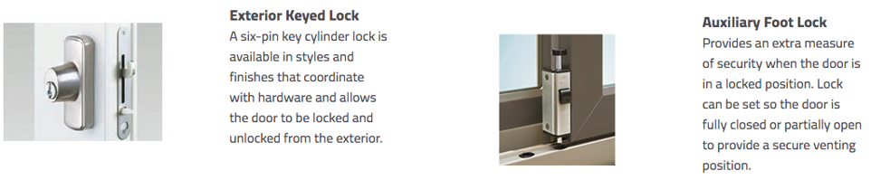 photos of andersen's exterior keyed lock and auxiliary foot lock with descriptions